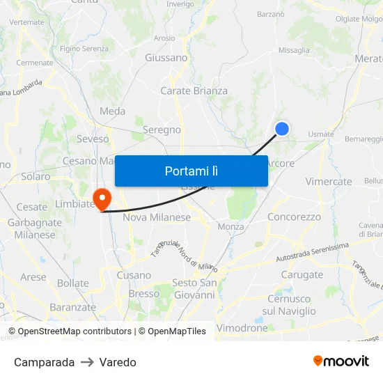 Camparada to Varedo map