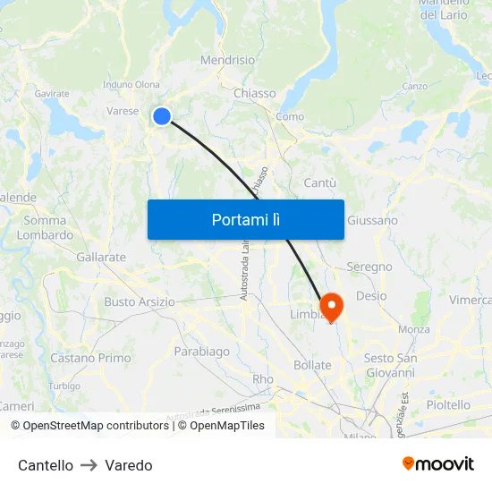 Cantello to Varedo map