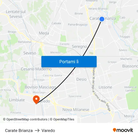 Carate Brianza to Varedo map