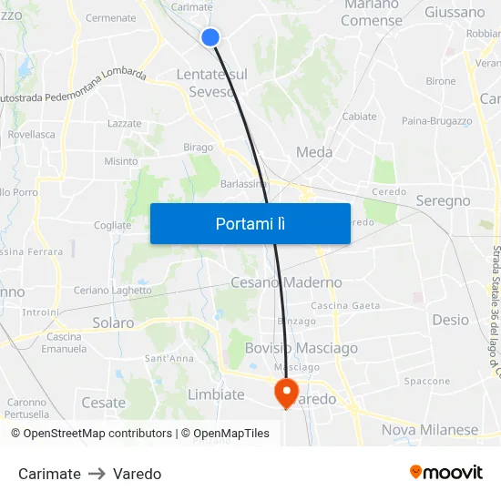 Carimate to Varedo map