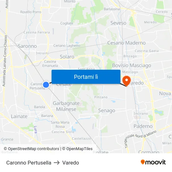 Caronno Pertusella to Varedo map