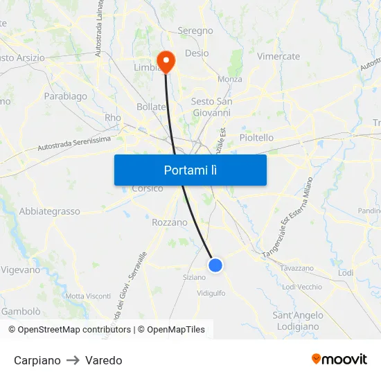 Carpiano to Varedo map