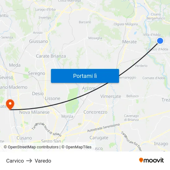 Carvico to Varedo map