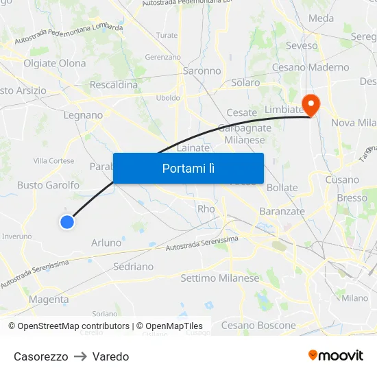 Casorezzo to Varedo map