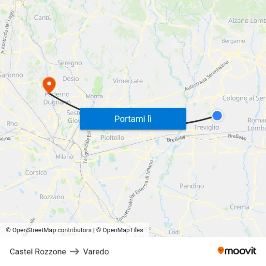 Castel Rozzone to Varedo map
