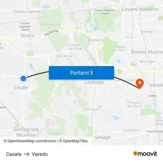 Cesate to Varedo map