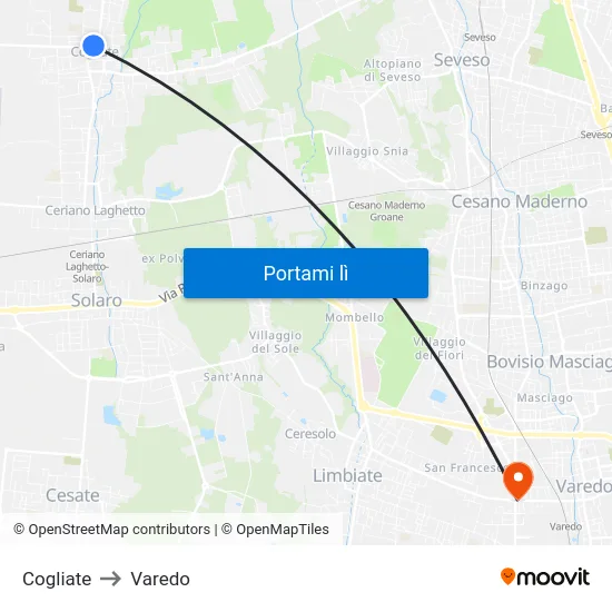 Cogliate to Varedo map