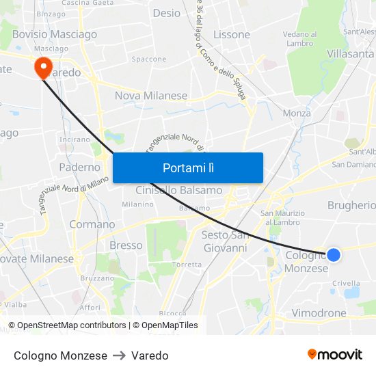 Cologno Monzese to Varedo map