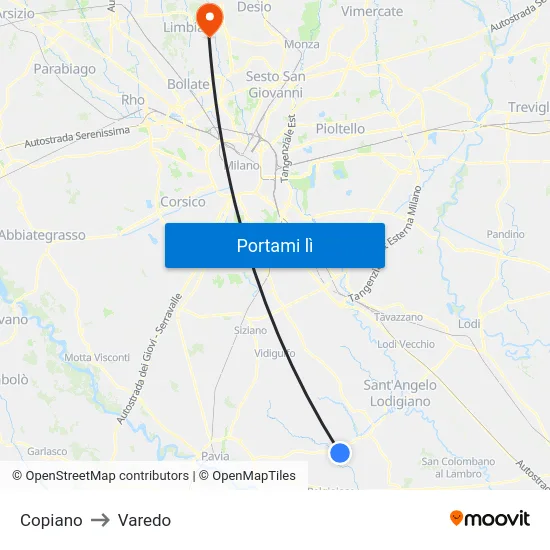Copiano to Varedo map