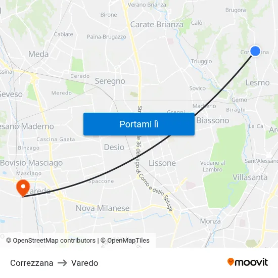 Correzzana to Varedo map