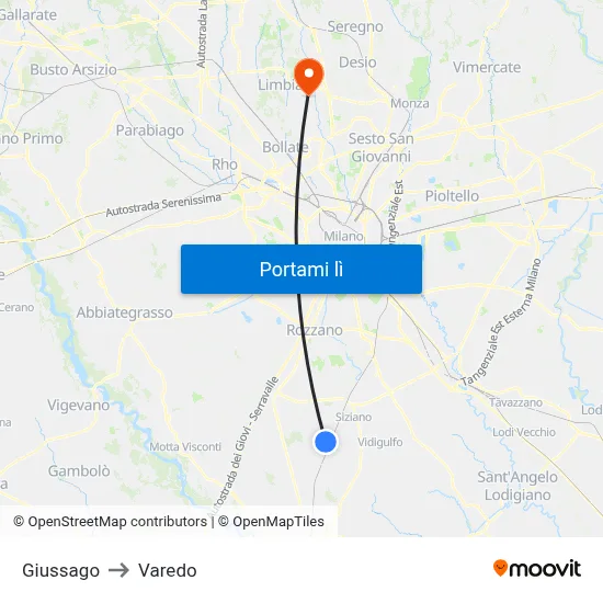 Giussago to Varedo map