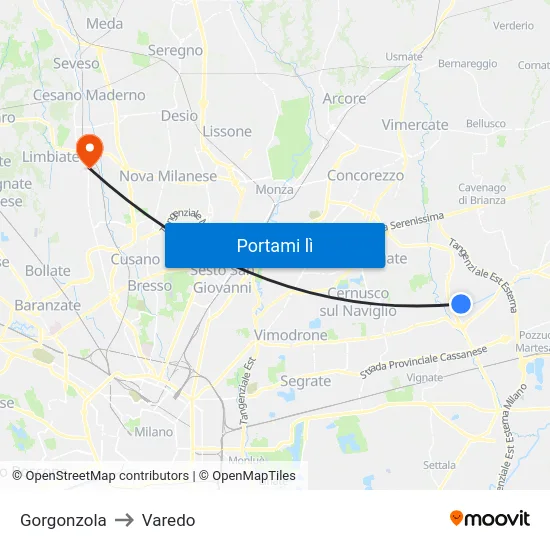Gorgonzola to Varedo map