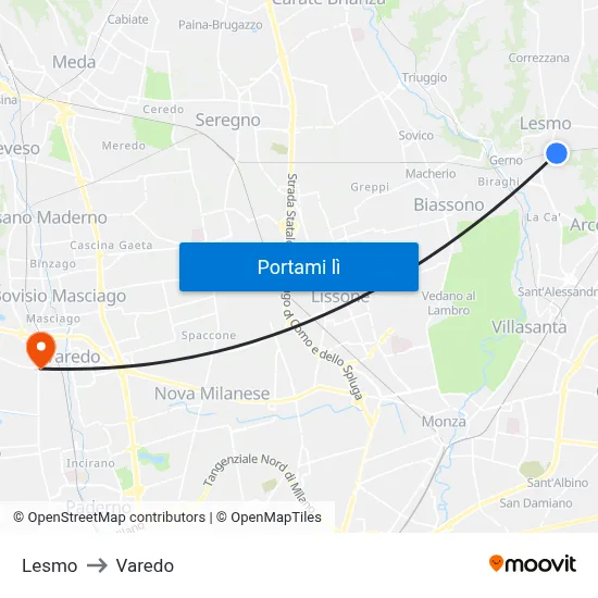 Lesmo to Varedo map