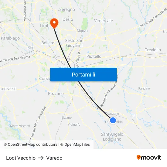 Lodi Vecchio to Varedo map