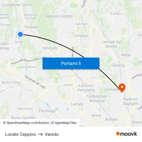 Lonate Ceppino to Varedo map