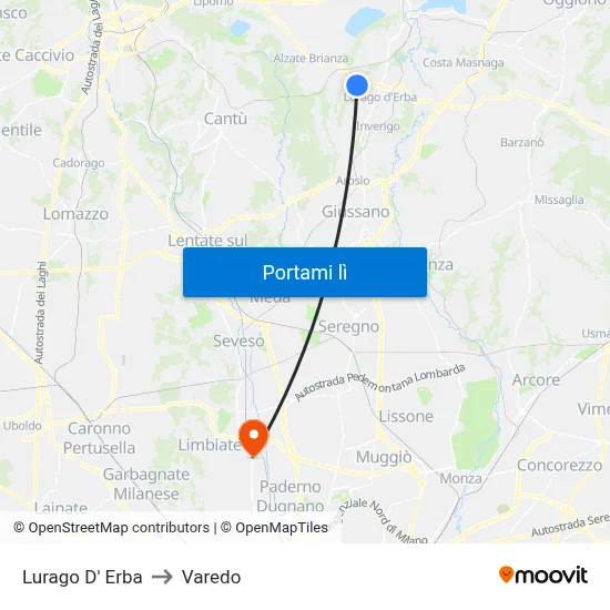 Lurago D' Erba to Varedo map
