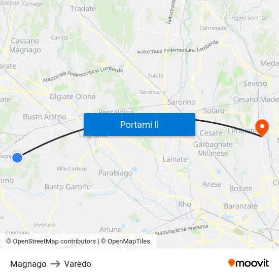 Magnago to Varedo map