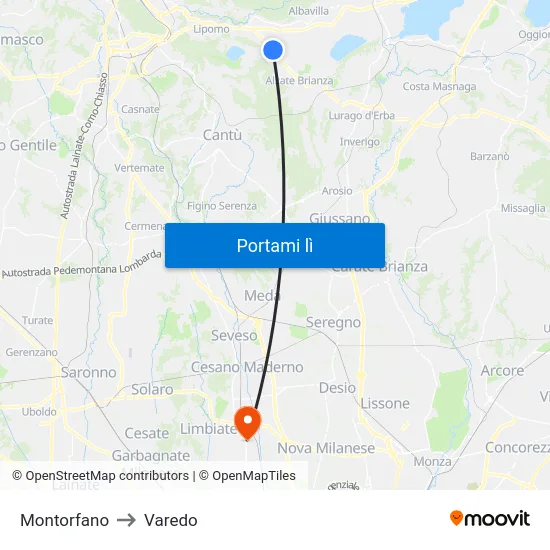 Montorfano to Varedo map