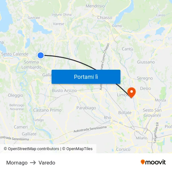 Mornago to Varedo map