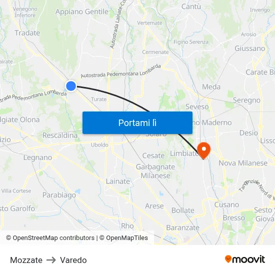 Mozzate to Varedo map