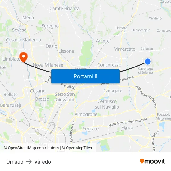Ornago to Varedo map