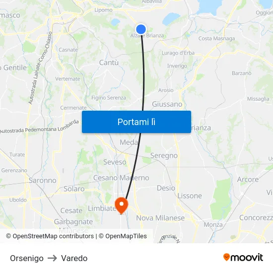 Orsenigo to Varedo map