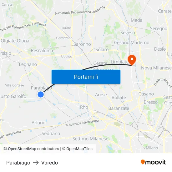Parabiago to Varedo map