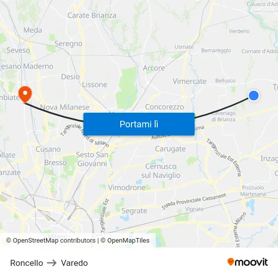 Roncello to Varedo map