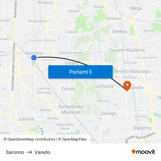 Saronno to Varedo map