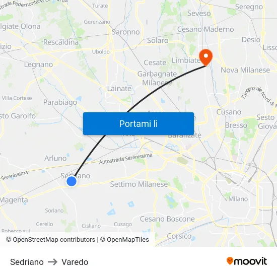 Sedriano to Varedo map