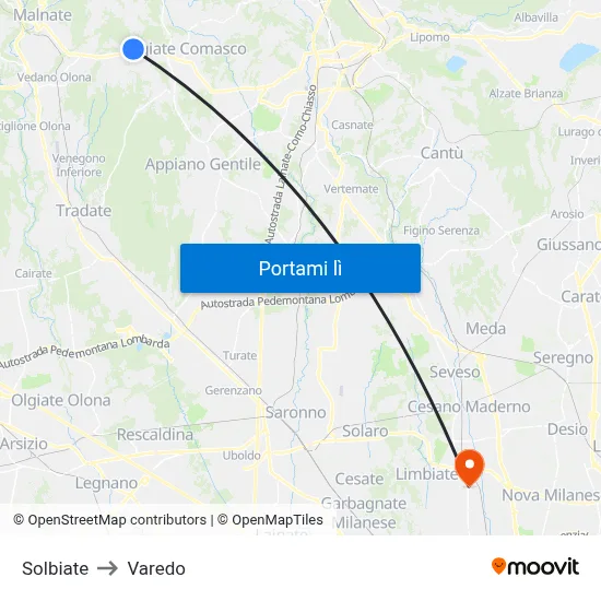 Solbiate to Varedo map