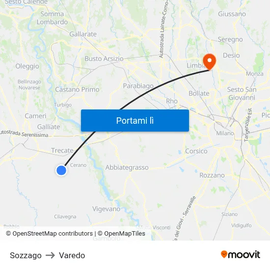 Sozzago to Varedo map