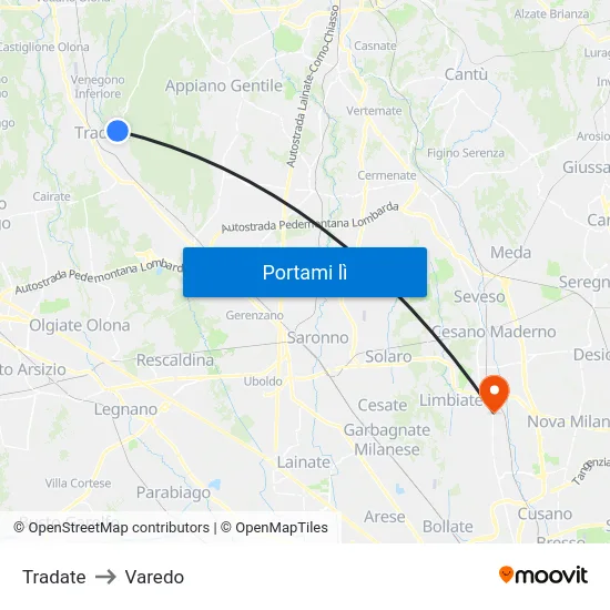 Tradate to Varedo map