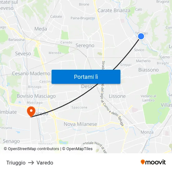 Triuggio to Varedo map