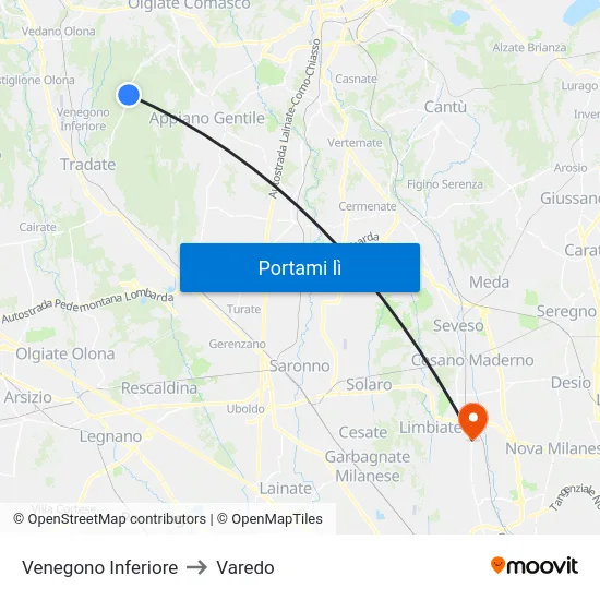 Venegono Inferiore to Varedo map