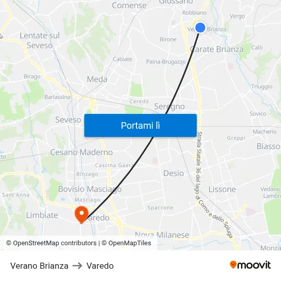 Verano Brianza to Varedo map
