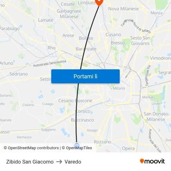 Zibido San Giacomo to Varedo map