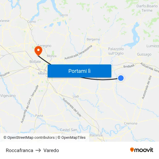Roccafranca to Varedo map