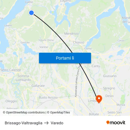 Brissago-Valtravaglia to Varedo map