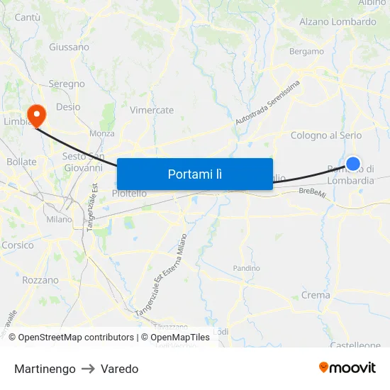 Martinengo to Varedo map