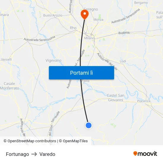 Fortunago to Varedo map
