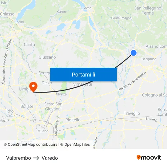 Valbrembo to Varedo map