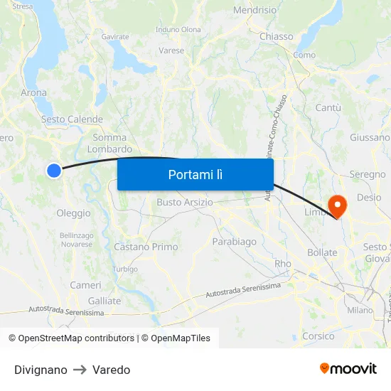 Divignano to Varedo map