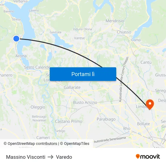 Massino Visconti to Varedo map