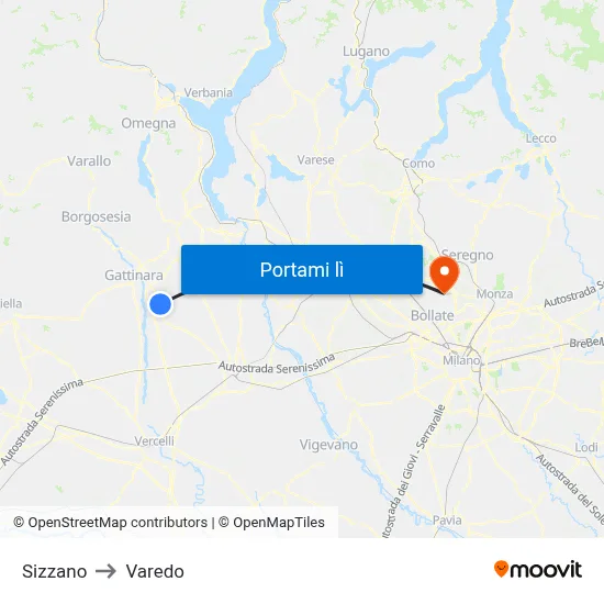 Sizzano to Varedo map