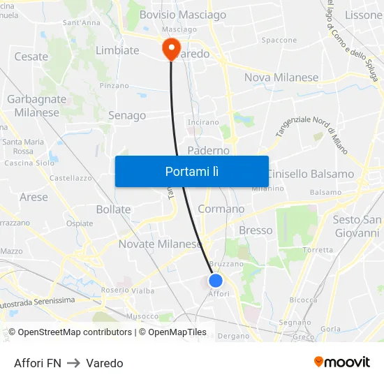 Affori FN to Varedo map