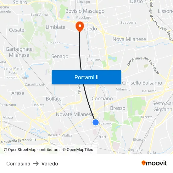 Comasina to Varedo map