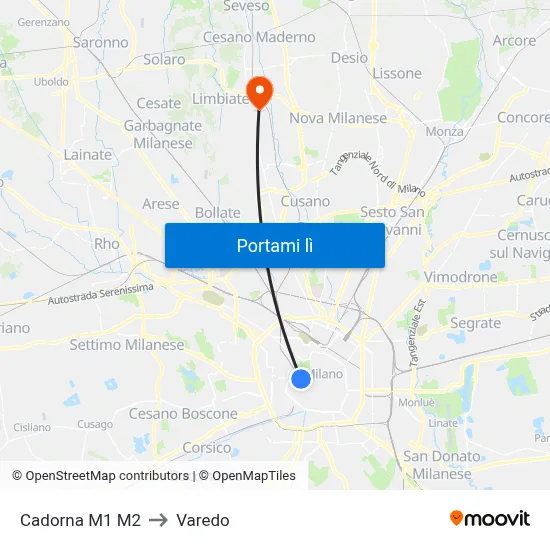 Cadorna M1 M2 to Varedo map