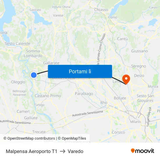 Malpensa Aeroporto T1 to Varedo map