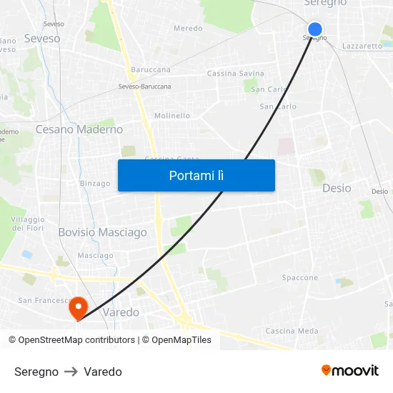 Seregno to Varedo map